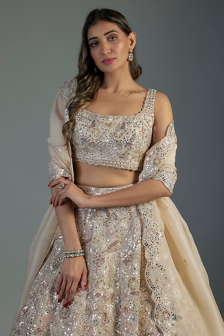 Ivory Organza Embroidered Bridal Lehenga Set by Aneesh Agarwaal at Pernia's Pop Up Shop