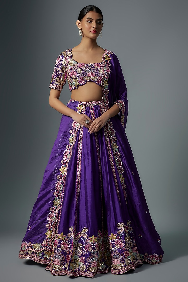 Purple Organza Embroidered Bridal Lehenga Set by Aneesh Agarwaal at Pernia's Pop Up Shop