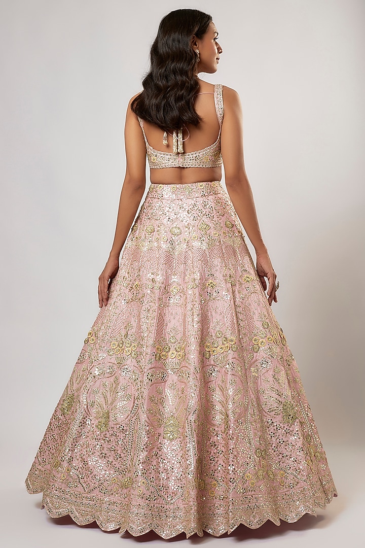 Rose Pink Silk Sequins Embroidered Bridal Lehenga Set by Aneesh Agarwaal at Pernia's Pop Up Shop