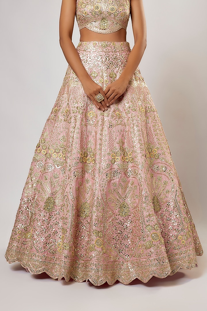 Rose Pink Silk Sequins Embroidered Bridal Lehenga Set by Aneesh Agarwaal at Pernia's Pop Up Shop