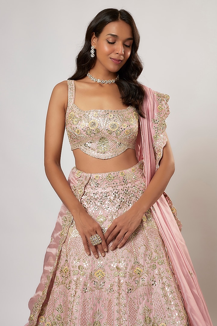 Rose Pink Silk Sequins Embroidered Bridal Lehenga Set by Aneesh Agarwaal at Pernia's Pop Up Shop
