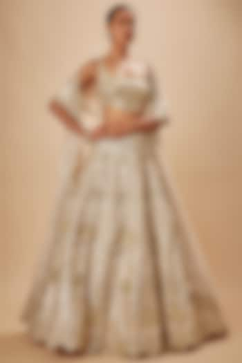 Ivory Silk Embroidered Lehenga Set by Aneesh Agarwaal