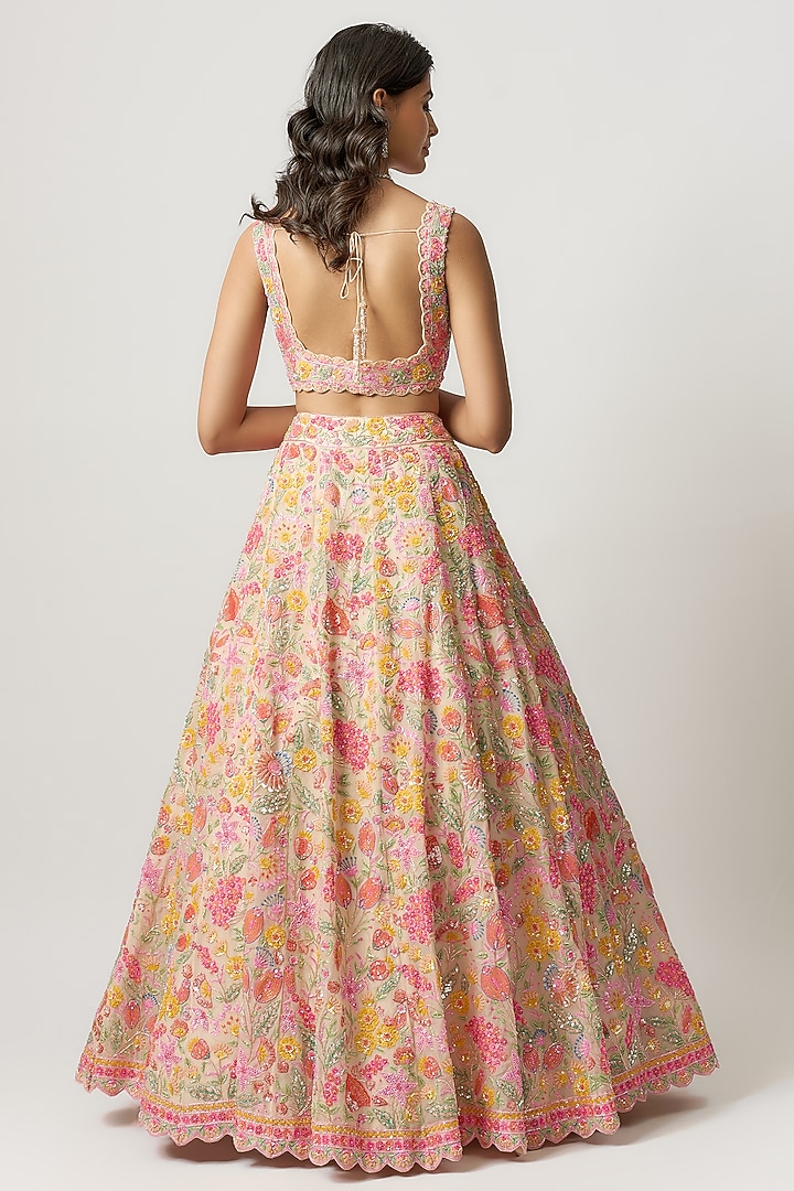 Cream Organza Floral Embroidered Bridal Lehenga Set by Aneesh Agarwaal at Pernia's Pop Up Shop