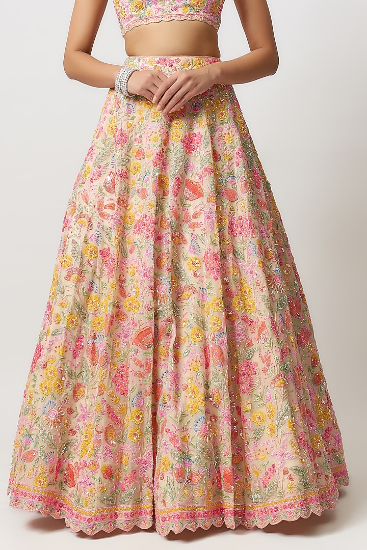 Cream Organza Floral Embroidered Bridal Lehenga Set by Aneesh Agarwaal at Pernia's Pop Up Shop