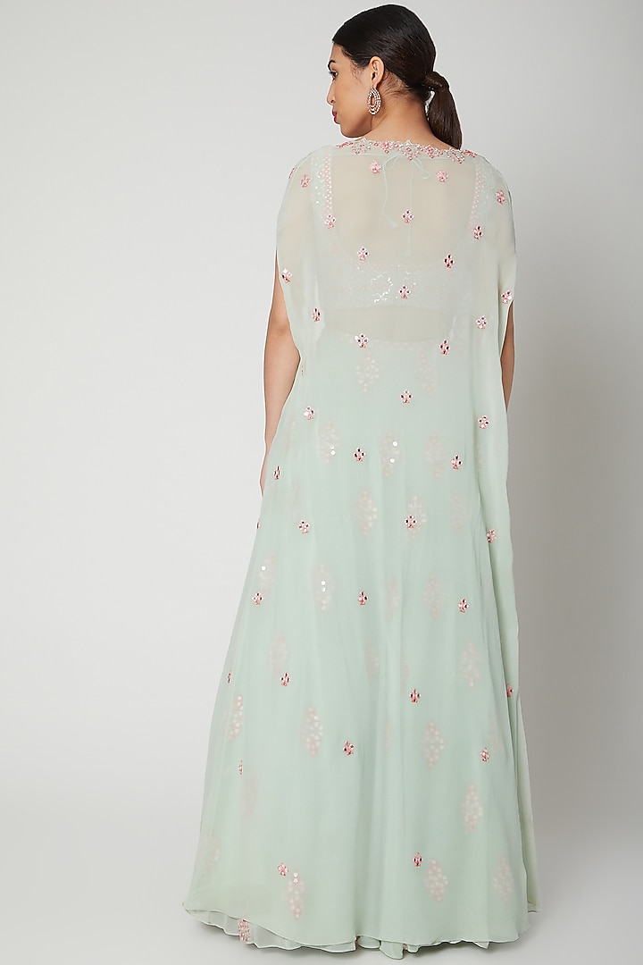 Mint Green Embroidered Cape Wedding Lehenga Set by Aneesh Agarwaal PRET at Pernia's Pop Up Shop