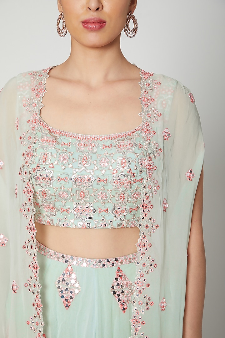 Mint Green Embroidered Cape Wedding Lehenga Set by Aneesh Agarwaal PRET at Pernia's Pop Up Shop