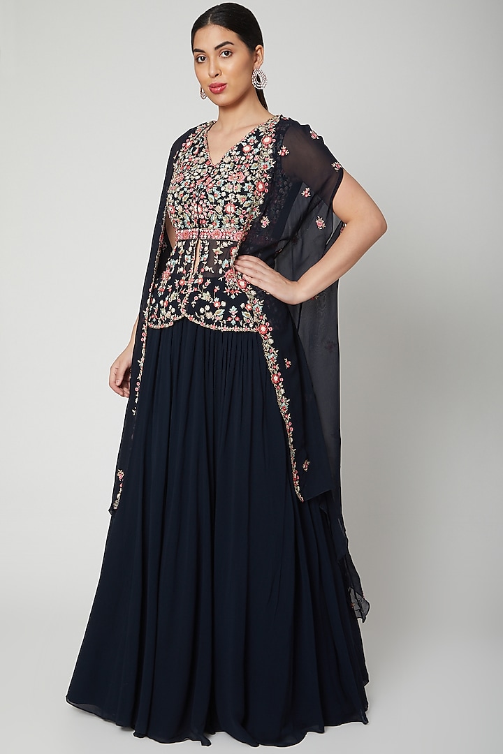 Cobalt Blue Embroidered Cape With Lehenga by Aneesh Agarwaal PRET