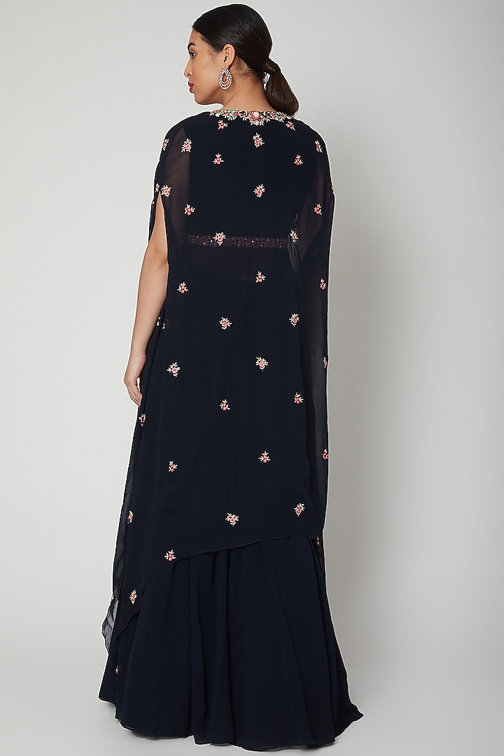 Cobalt Blue Embroidered Cape With Wedding Lehenga by Aneesh Agarwaal PRET at Pernia's Pop Up Shop