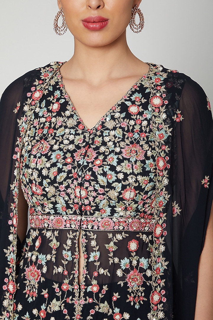 Cobalt Blue Embroidered Cape With Wedding Lehenga by Aneesh Agarwaal PRET at Pernia's Pop Up Shop