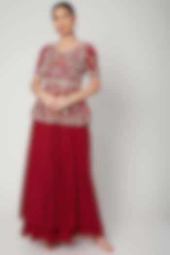 Red Embroidered Peplum Top With Sharara Pants by Aneesh Agarwaal PRET