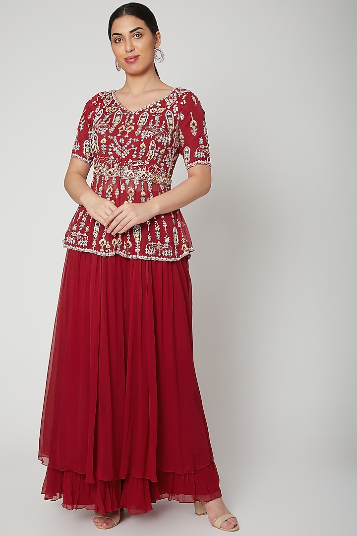 Red Embroidered Peplum Top With Sharara Pants by Aneesh Agarwaal PRET