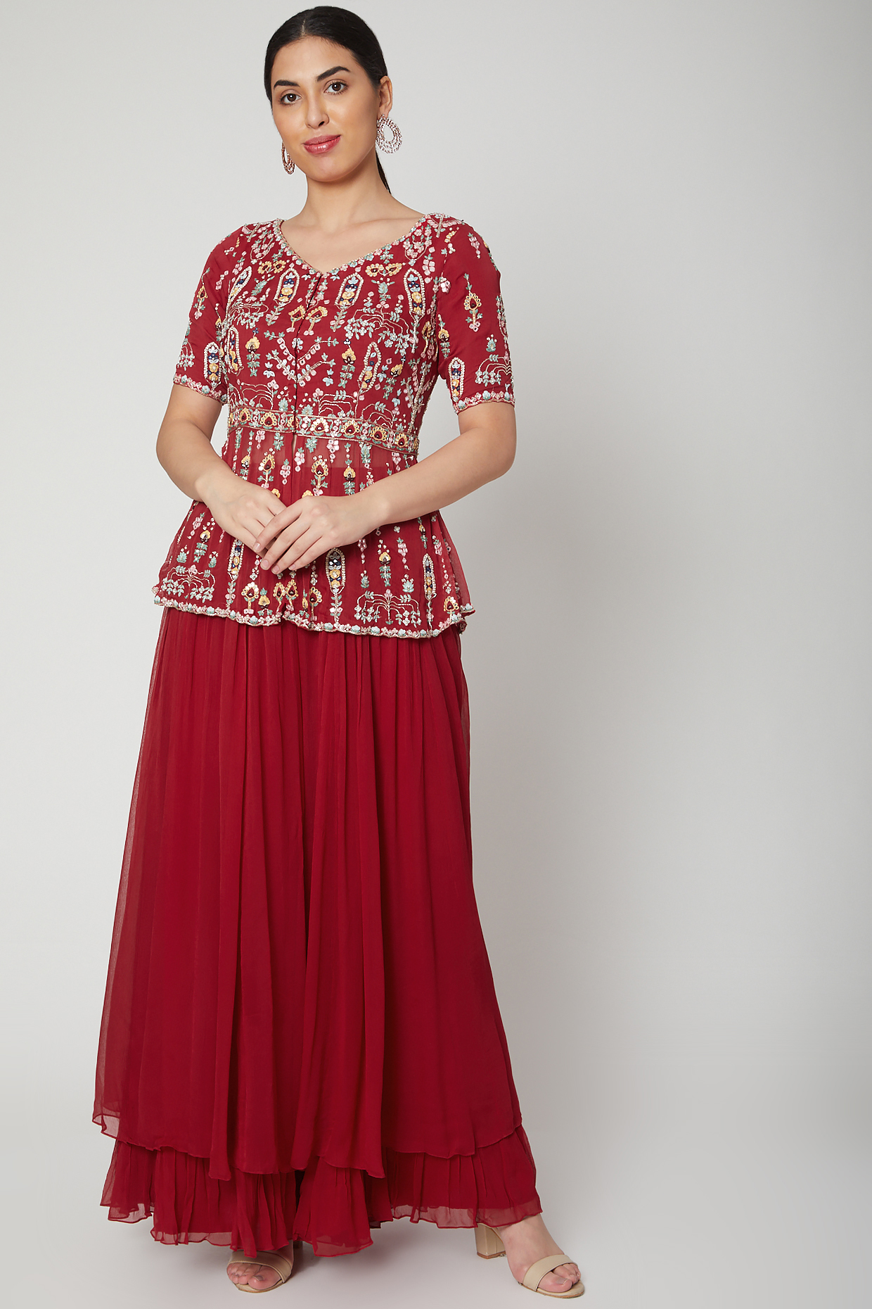 Red Embroidered Peplum Top With Sharara Pants by Aneesh Agarwaal PRET