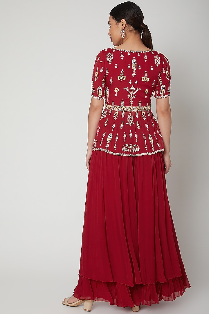 Red Embroidered Peplum Top With Bridal Sharara Pants by Aneesh Agarwaal PRET at Pernia's Pop Up Shop