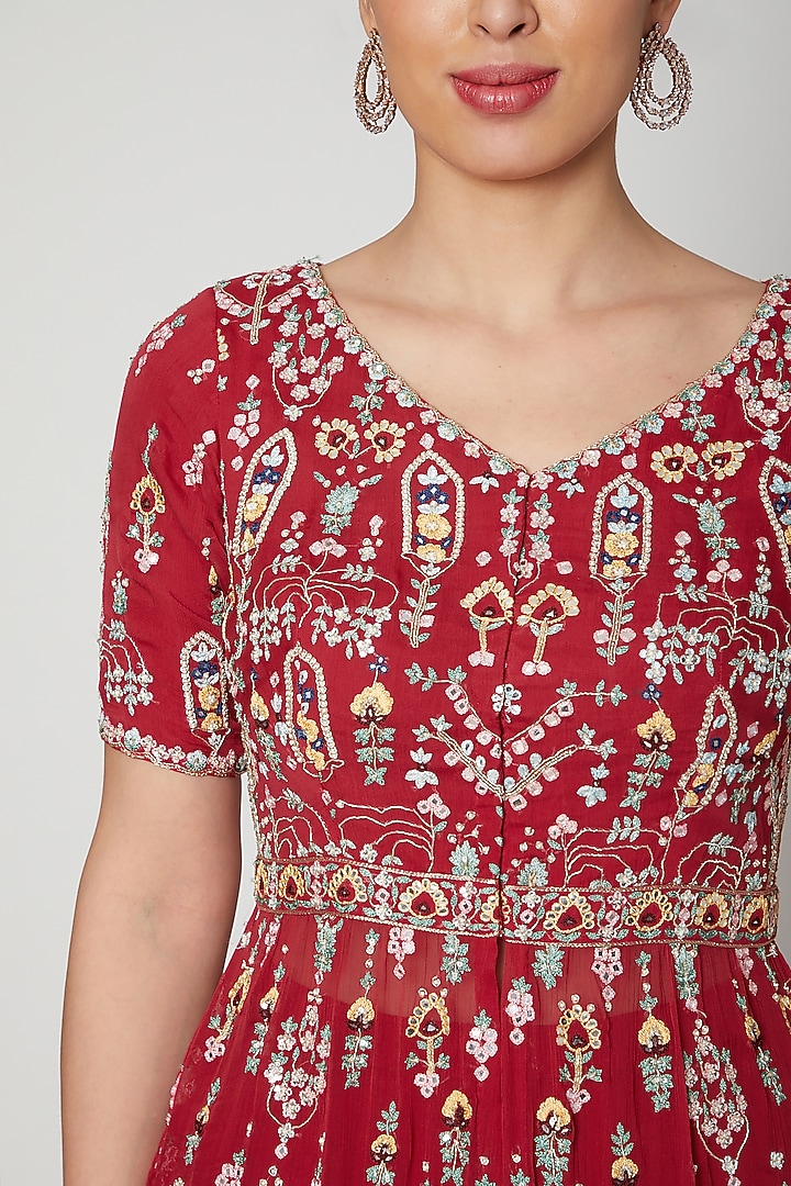 Red Embroidered Peplum Top With Bridal Sharara Pants by Aneesh Agarwaal PRET at Pernia's Pop Up Shop