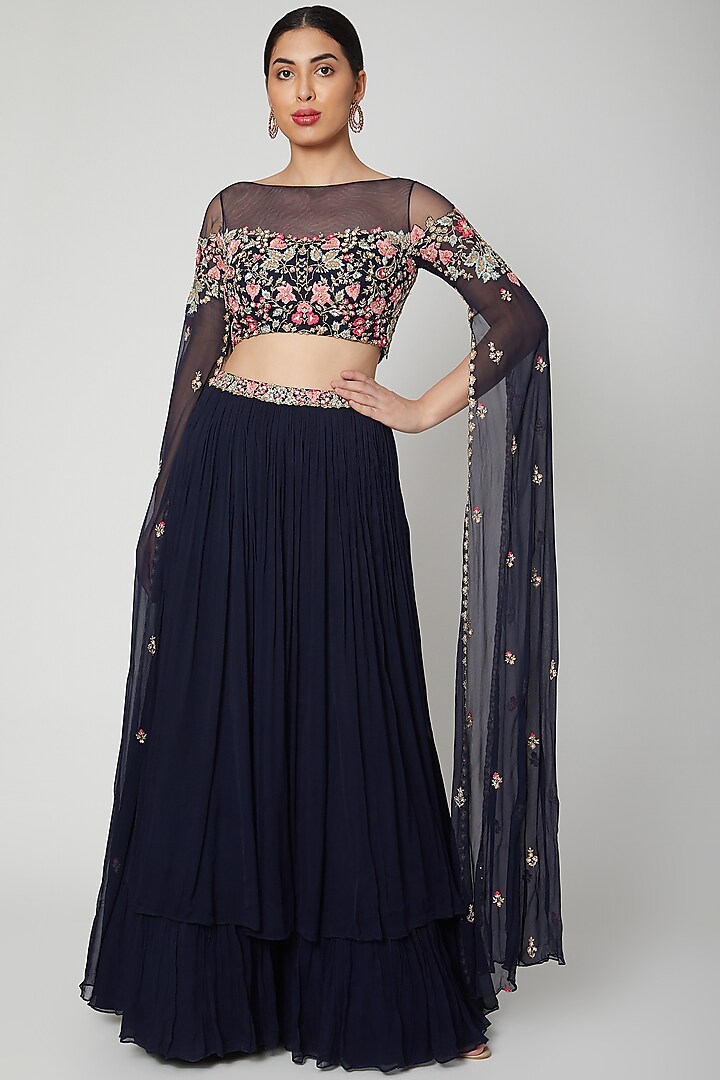 Cobalt Blue Embroidered Blouse With Lehenga by Aneesh Agarwaal PRET