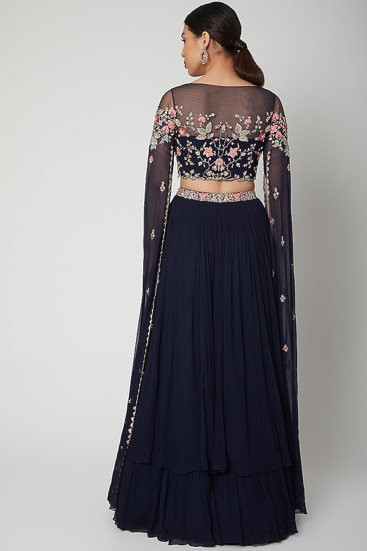 Cobalt Blue Embroidered Blouse With Wedding Lehenga by Aneesh Agarwaal PRET at Pernia's Pop Up Shop