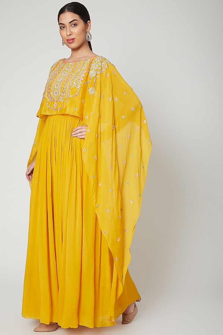 Mustard Embroidered Cape Kurta by Aneesh Agarwaal PRET at Pernia's Pop Up Shop