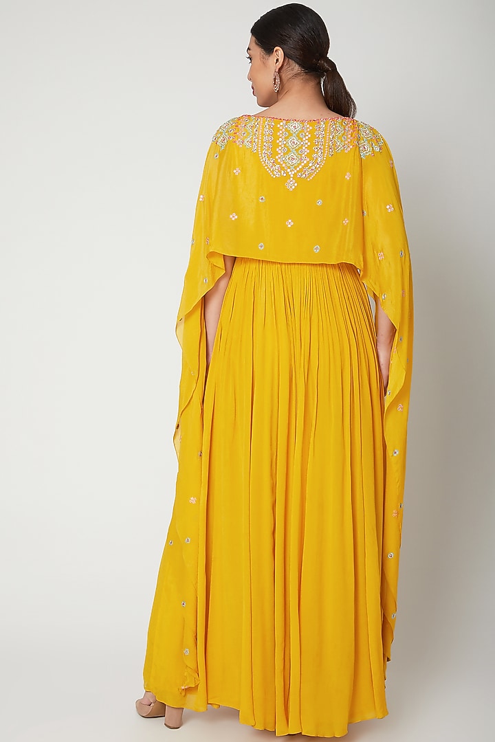Mustard Embroidered Cape Kurta by Aneesh Agarwaal PRET at Pernia's Pop Up Shop