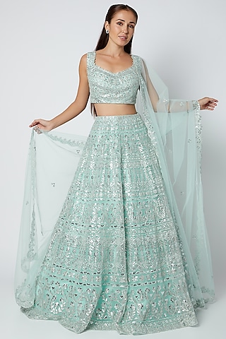 Turquoise Net Foil Applique & Mirror Embroidered Lehenga Set by Aneesh Agarwaal