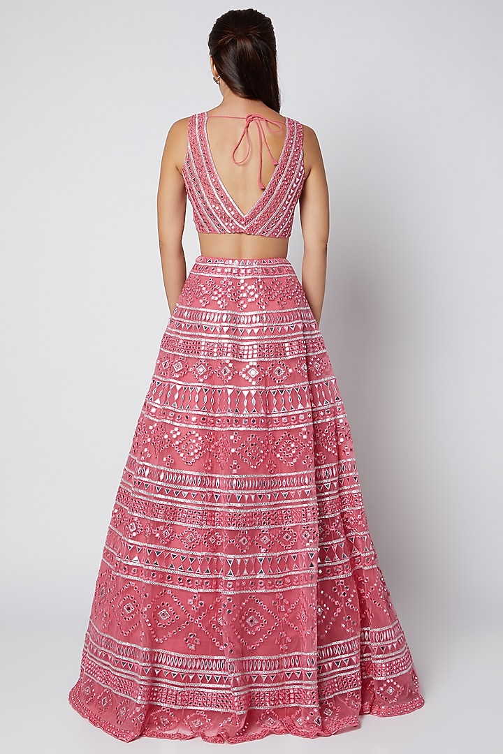 Coral Net Mirror Embroidered Bridal Lehenga Set by Aneesh Agarwaal at Pernia's Pop Up Shop