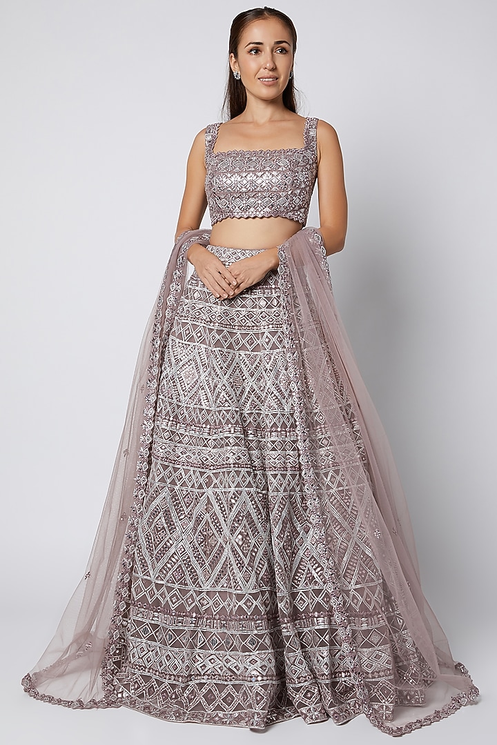 Brown Net Mirror Embroidered Bridal Lehenga Set by Aneesh Agarwaal at Pernia's Pop Up Shop