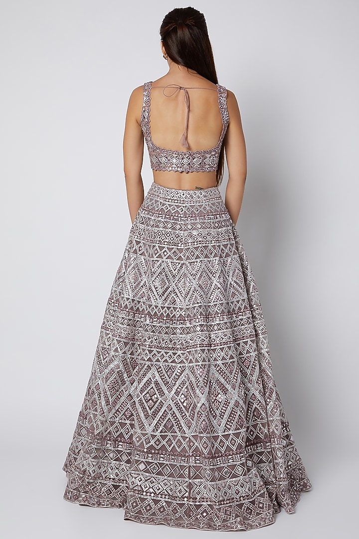 Brown Net Mirror Embroidered Bridal Lehenga Set by Aneesh Agarwaal at Pernia's Pop Up Shop