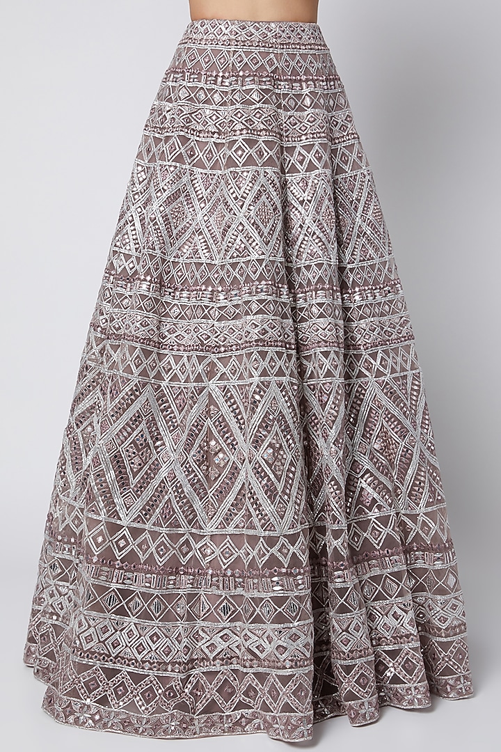 Brown Net Mirror Embroidered Bridal Lehenga Set by Aneesh Agarwaal at Pernia's Pop Up Shop