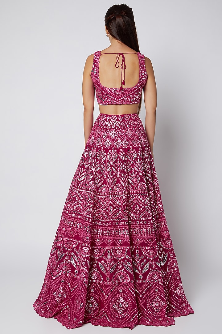 Ruby Georgette Foil Applique & Mirror Embroidered Bridal Lehenga Set by Aneesh Agarwaal at Pernia's Pop Up Shop