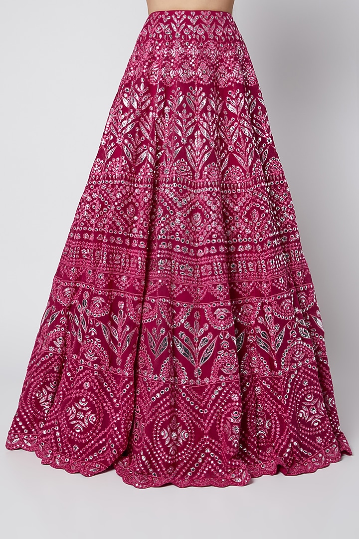 Ruby Georgette Foil Applique & Mirror Embroidered Bridal Lehenga Set by Aneesh Agarwaal at Pernia's Pop Up Shop