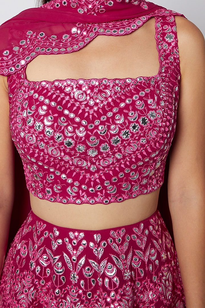 Ruby Georgette Foil Applique & Mirror Embroidered Bridal Lehenga Set by Aneesh Agarwaal at Pernia's Pop Up Shop