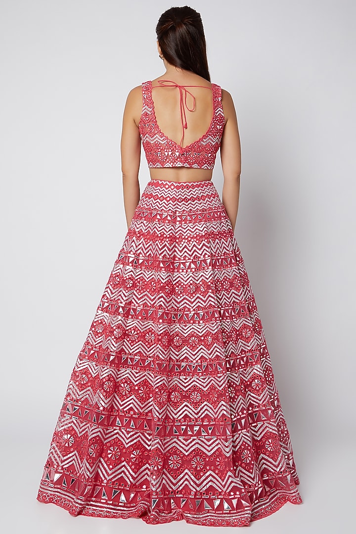 Coral Net Mirror Embroidered Bridal Lehenga Set by Aneesh Agarwaal at Pernia's Pop Up Shop