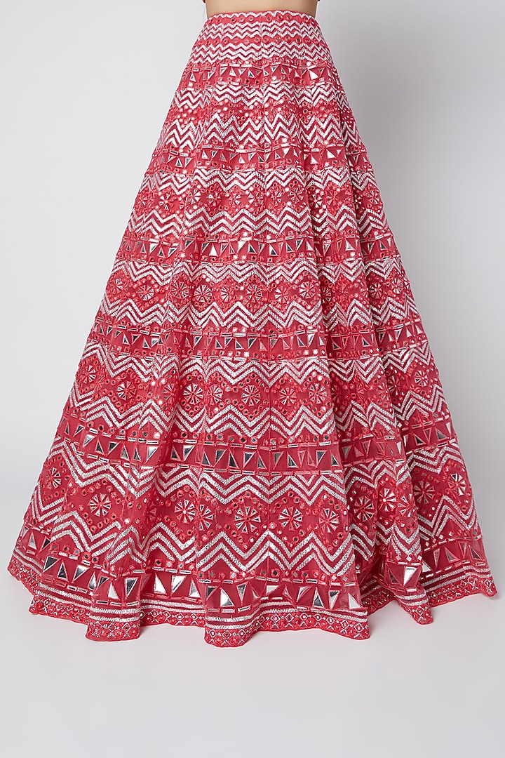 Coral Net Mirror Embroidered Bridal Lehenga Set by Aneesh Agarwaal at Pernia's Pop Up Shop