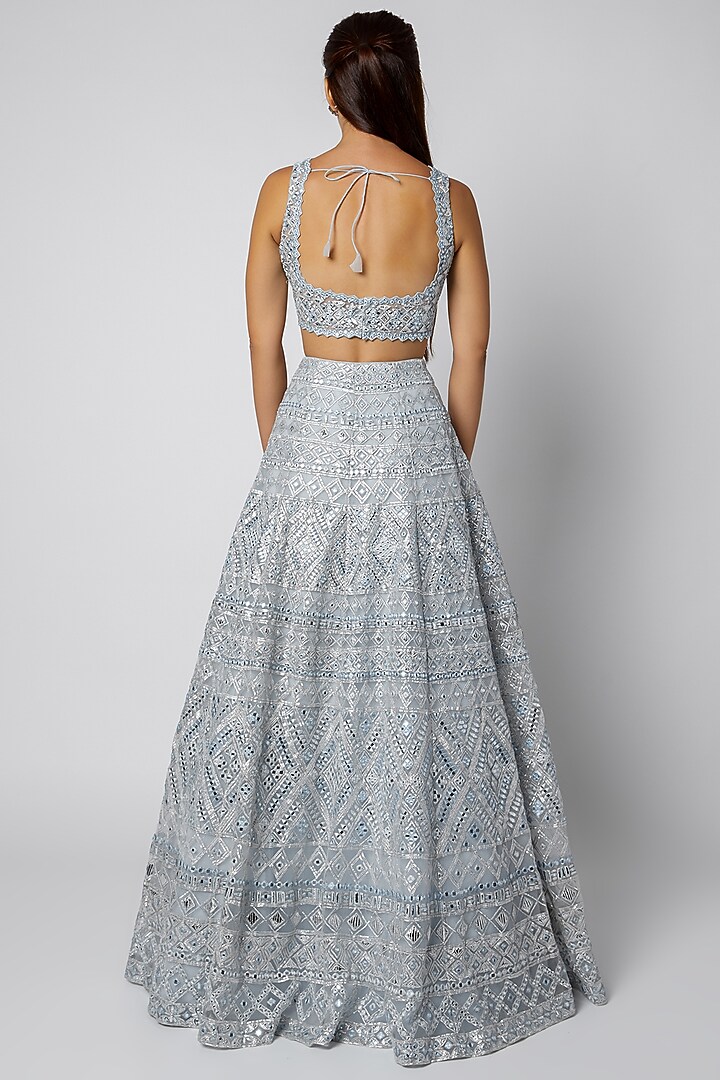 Silver Net Mirror Embroidered Bridal Lehenga Set by Aneesh Agarwaal at Pernia's Pop Up Shop