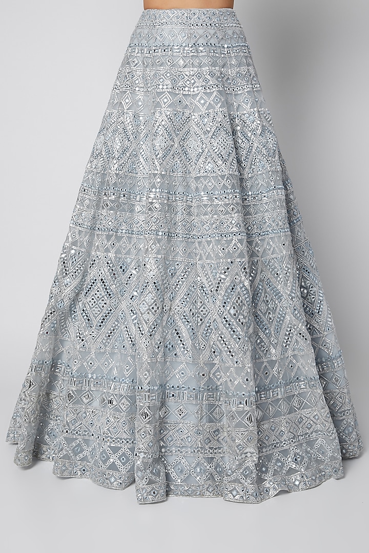 Silver Net Mirror Embroidered Bridal Lehenga Set by Aneesh Agarwaal at Pernia's Pop Up Shop