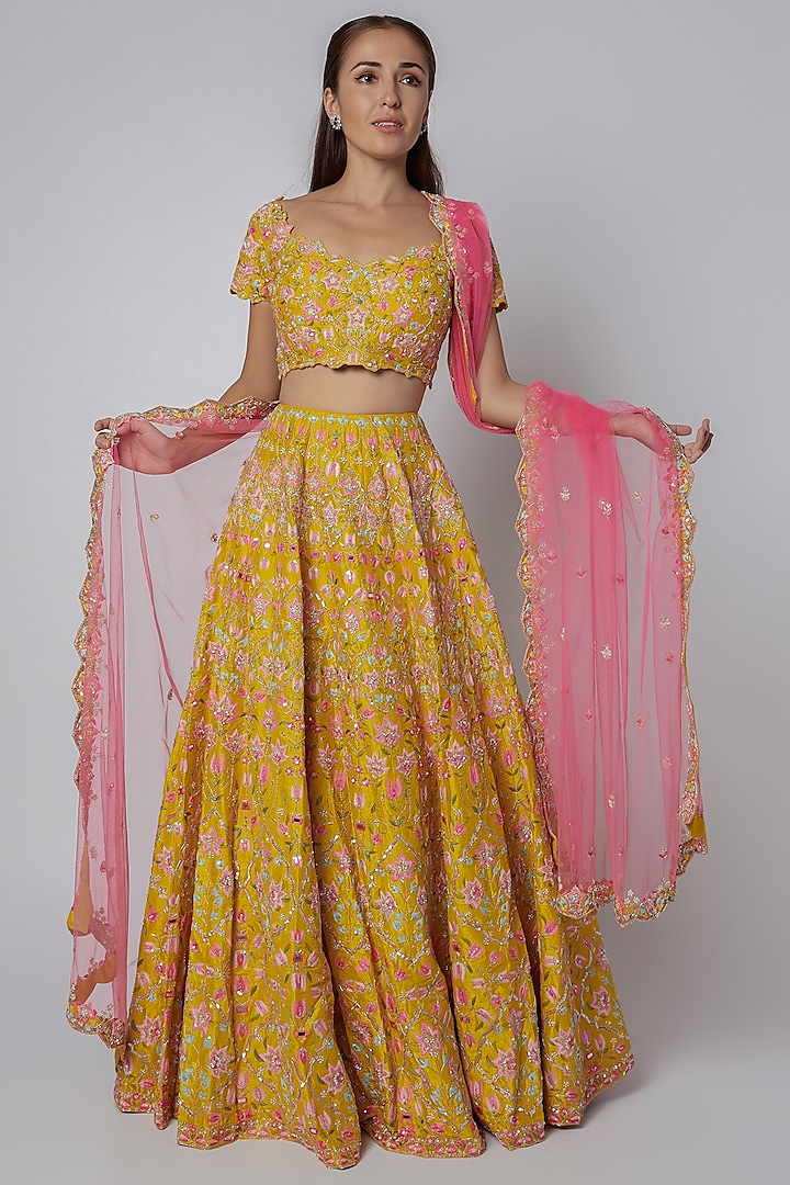 Yellow Thread Embroidered Lehenga Set by Aneesh Agarwaal