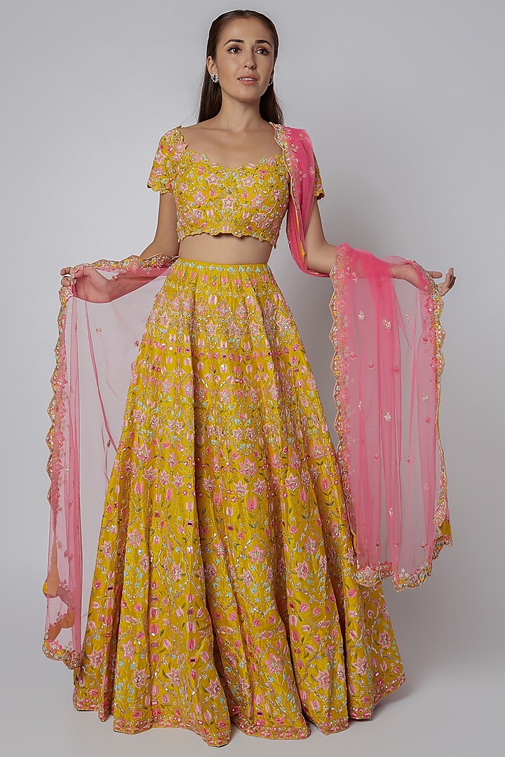 Yellow Thread Embroidered Bridal Lehenga Set by Aneesh Agarwaal at Pernia's Pop Up Shop