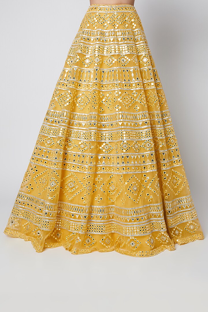 Yellow Net Mirror Embroidered Bridal Lehenga Set by Aneesh Agarwaal at Pernia's Pop Up Shop