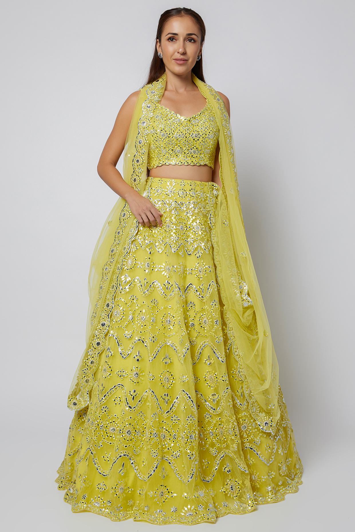 Lime Mirror Embroidered Lehenga Set by Aneesh Agarwaal