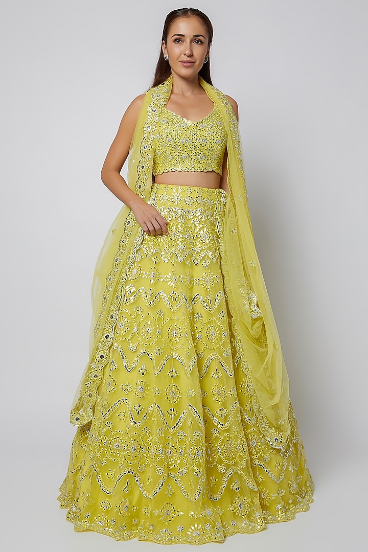 Lime Mirror Embroidered Lehenga Set by Aneesh Agarwaal