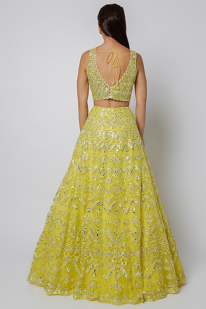 Lime Net Mirror & Foil Applique Embroidered Bridal Lehenga Set by Aneesh Agarwaal at Pernia's Pop Up Shop