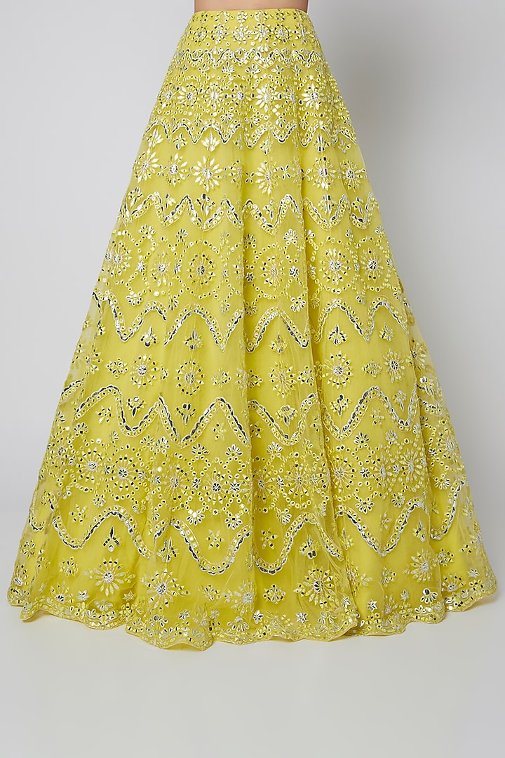 Lime Net Mirror & Foil Applique Embroidered Bridal Lehenga Set by Aneesh Agarwaal at Pernia's Pop Up Shop