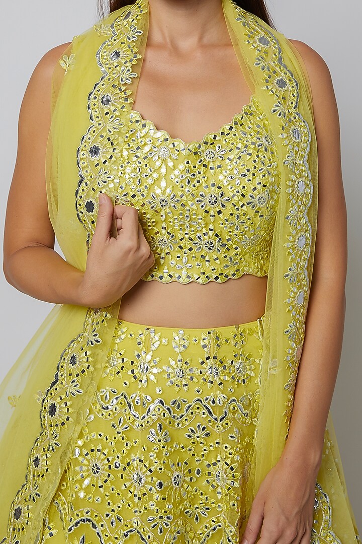 Lime Net Mirror & Foil Applique Embroidered Bridal Lehenga Set by Aneesh Agarwaal at Pernia's Pop Up Shop