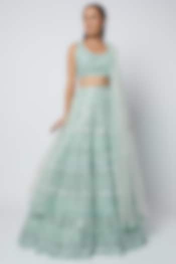 Turquoise Net Foil Applique Embroidered Bridal Lehenga Set by Aneesh Agarwaal at Pernia's Pop Up Shop