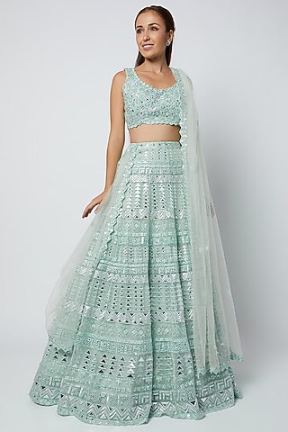 Turquoise Net Foil Applique Embroidered Lehenga Set by Aneesh Agarwaal