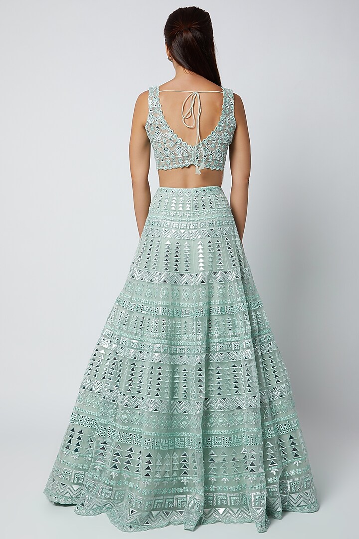 Turquoise Net Foil Applique Embroidered Bridal Lehenga Set by Aneesh Agarwaal at Pernia's Pop Up Shop