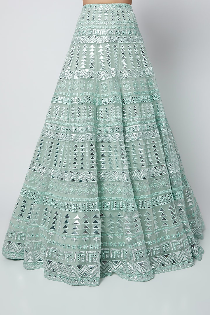 Turquoise Net Foil Applique Embroidered Bridal Lehenga Set by Aneesh Agarwaal at Pernia's Pop Up Shop