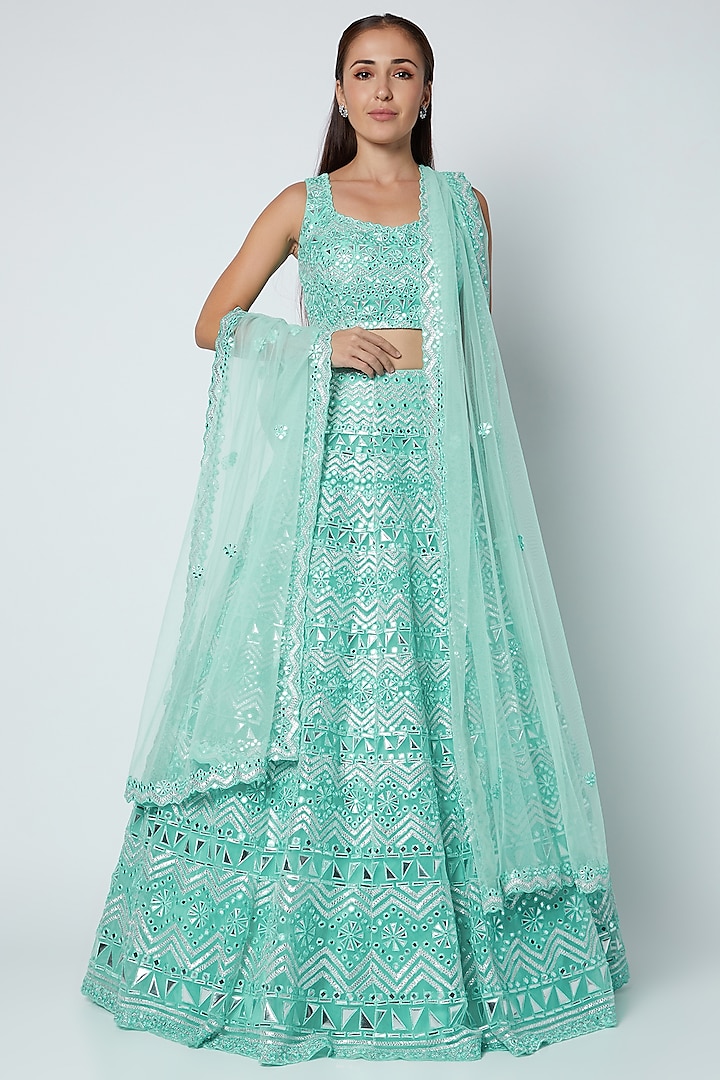 Turquoise Gota Embroidered Wedding Lehenga Set by Aneesh Agarwaal at Pernia's Pop Up Shop