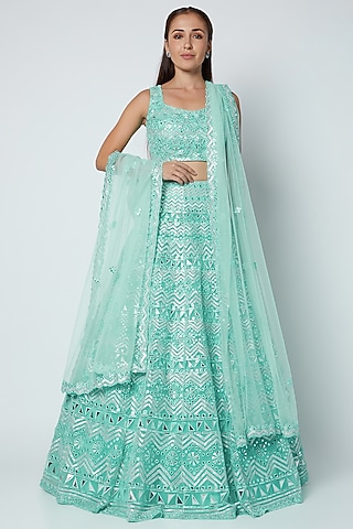 Turquoise Net Gota Embroidered Lehenga Set by Aneesh Agarwaal