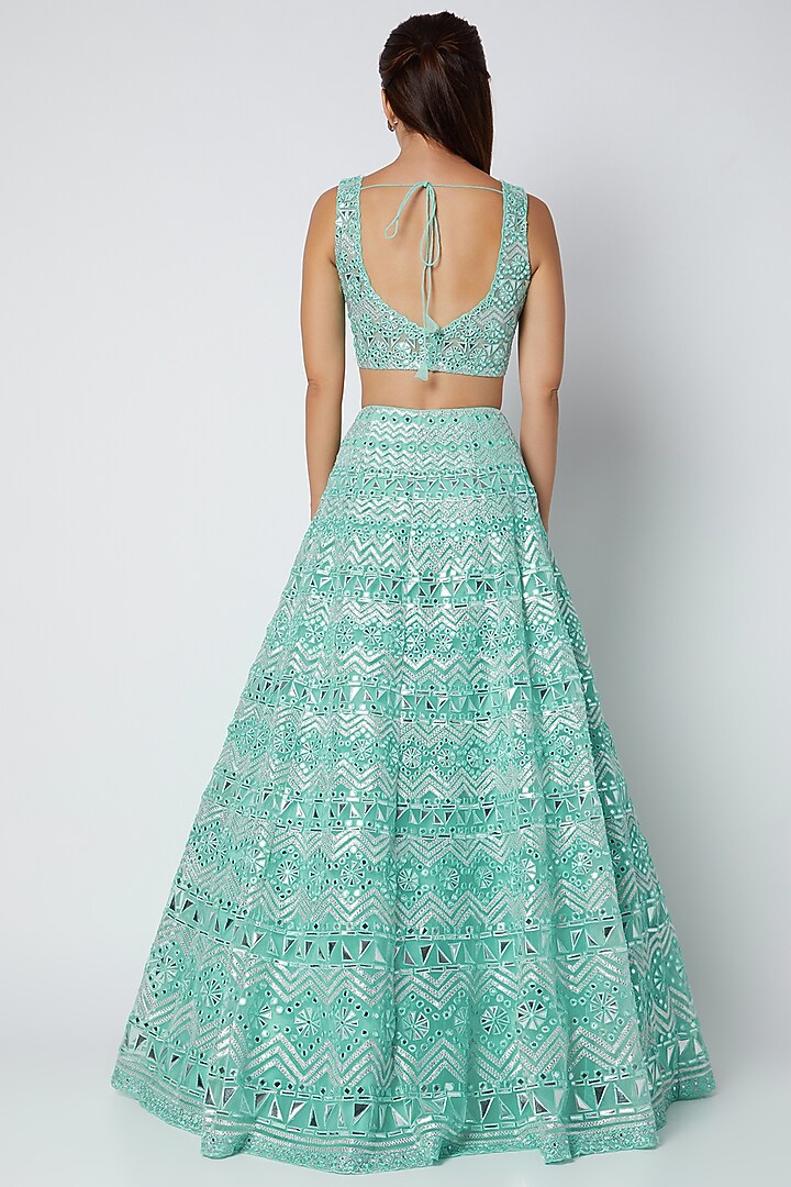 Turquoise Net Gota Embroidered Bridal Lehenga Set by Aneesh Agarwaal at Pernia's Pop Up Shop