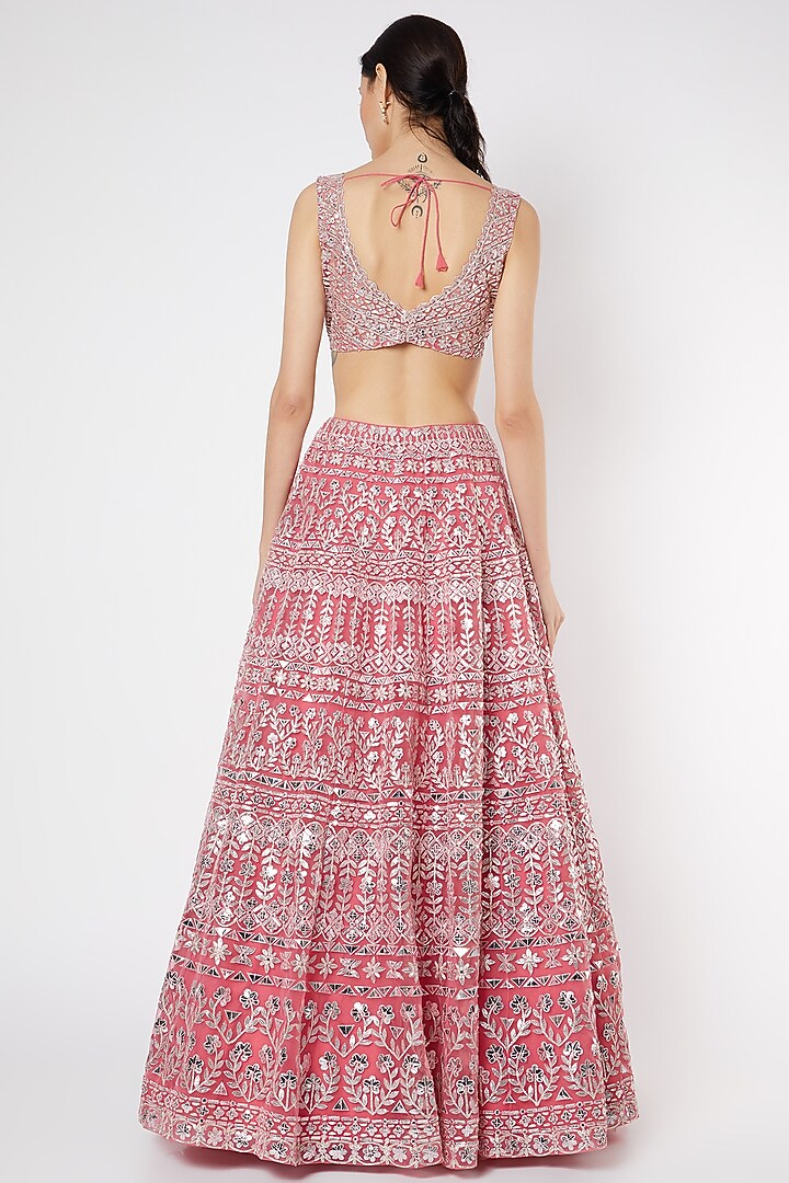 Pink Net Applique & Mirror Embroidered Bridal Lehenga Set by Aneesh Agarwaal at Pernia's Pop Up Shop